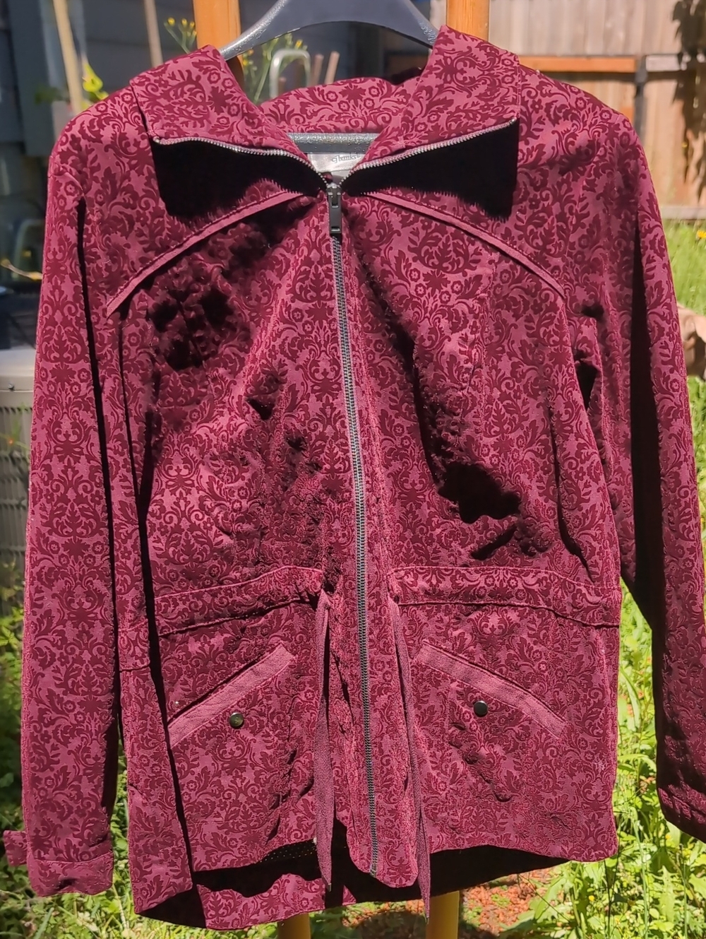Deep Red Velvet Embossed CJ Banks Maroon Damask Zip-Up Jacket
